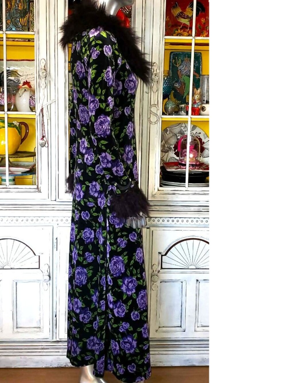 Betsey Johnson Black Velvet Floral Faux Fur Duster Opera Coat Long Dress Jacket - Picture 6 of 16